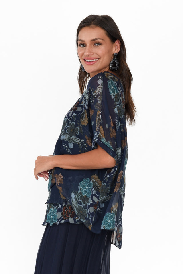 Talia Navy Flower Silk Layer Top image 5