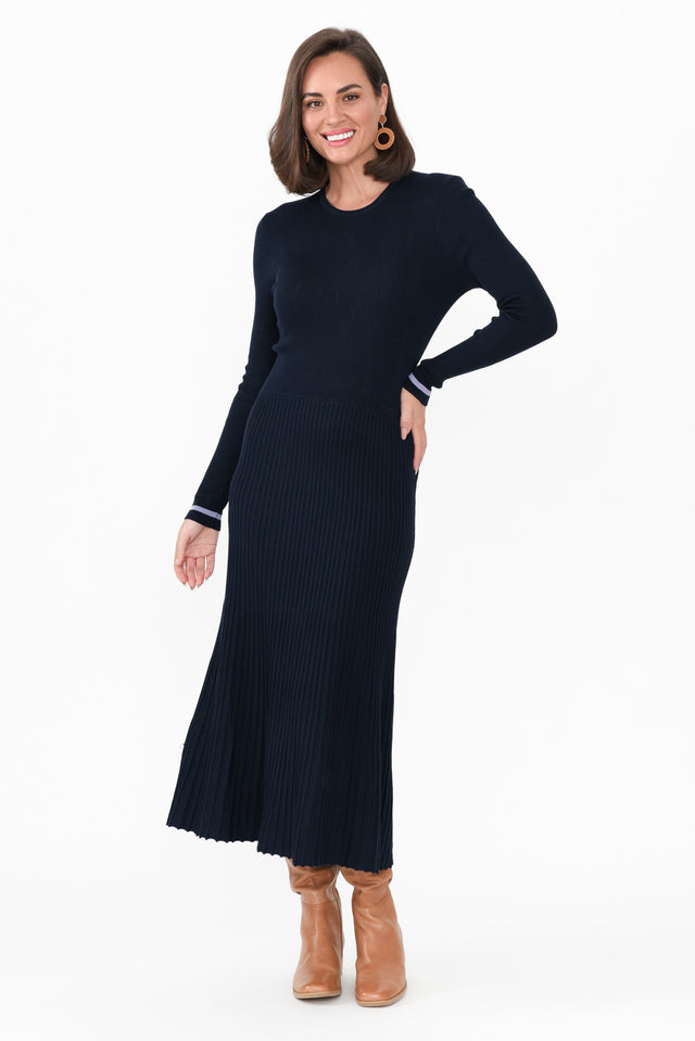 Tammy Navy Sleeved Knit Dress hem_Straight length_Midi sleeve_Long neckline_Round sleevetype_Straight print_Plain colour_Navy DRESSES   alt text|model:MJ