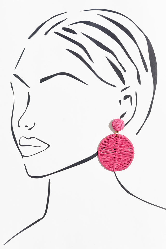 Theora Hot Pink Rattan Disc Earrings