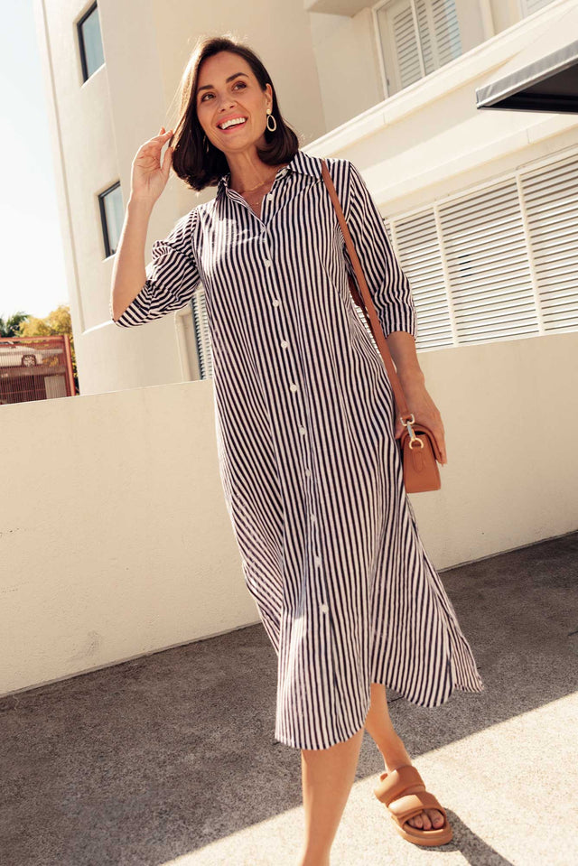 Tricia Navy Stripe Cotton Shirt Dress