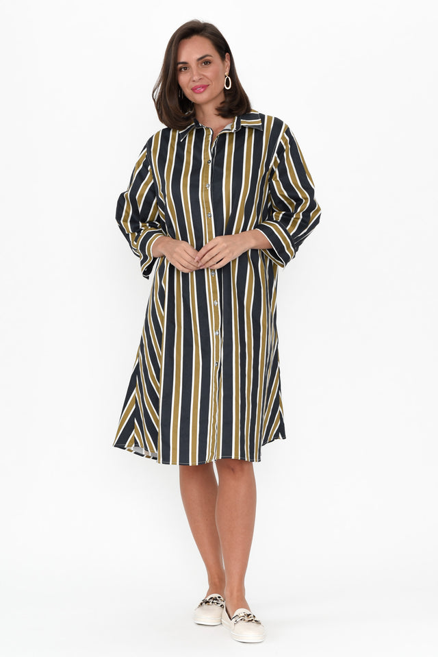 Violeta Navy Stripe Cotton Shirt Dress hem_Hi Lo length_Below Knee sleeve_3/4 neckline_V Neck sleevetype_Straight print_Stripe colour_Navy DRESSES    alt text|model:MJ