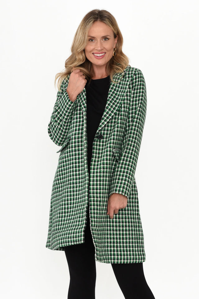 Wanda Green Houndstooth Coat print_Gingham length_Long sleeve_Long hem_Straight sleevetype_Straight colour_Green COATS & JACKETS   alt text|model:Valeria