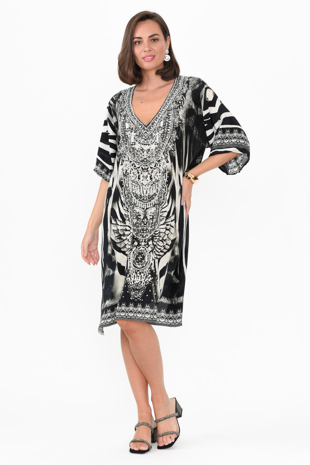 Zulu Black Silk Dress hem_Straight length_Below Knee sleeve_Half neckline_V Neck sleevetype_Batwing print_Animal colour_Black DRESSES   alt text|model:MJ