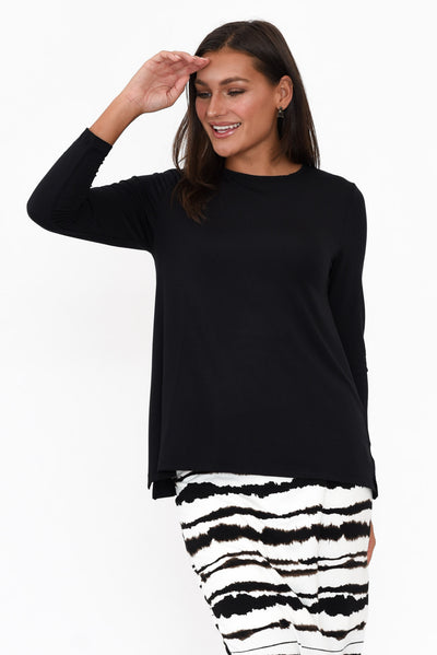 Black Long Sleeve Micro Modal Swing Top neckline_Round 