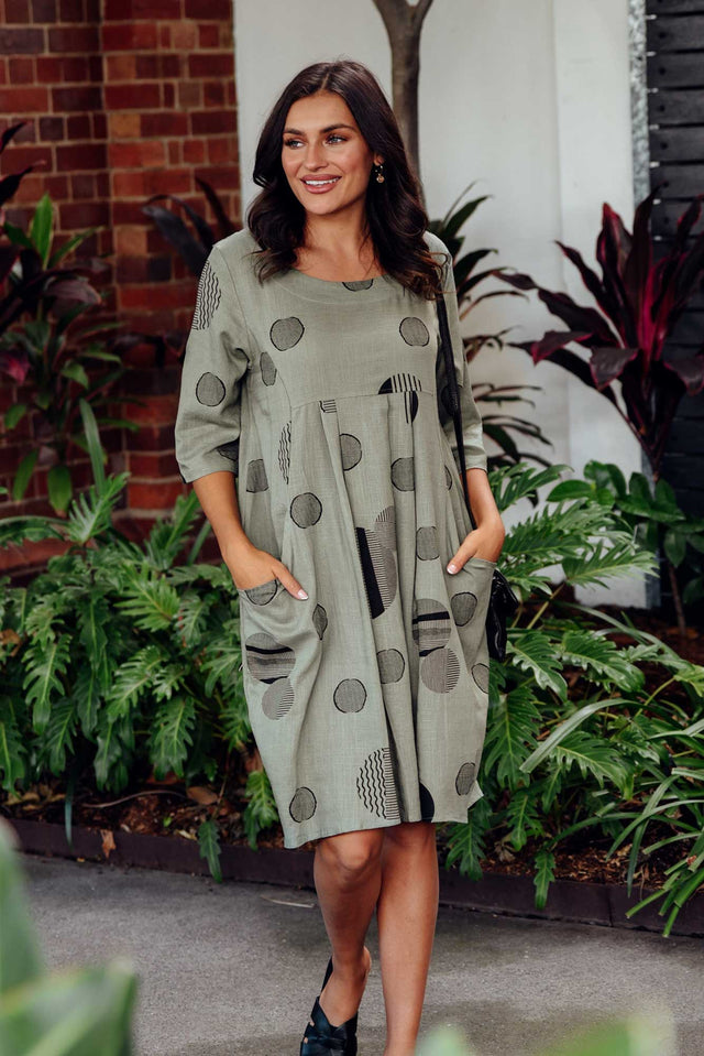 Myley Khaki Spot Linen Cotton Dress